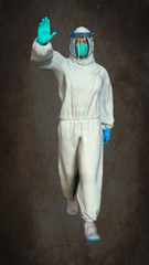 Fototapeta na wymiar A medic in a medical protective suit and helmet . 3D rendering