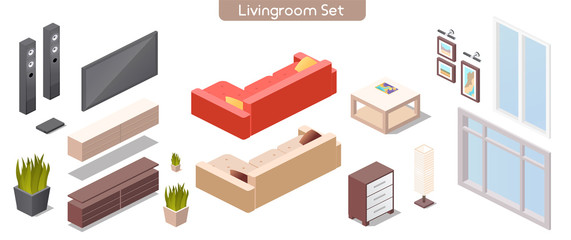 Vector illustration of living room modern interior furniture set