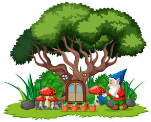 Obraz na płótnie Canvas Gnomes and tree house cartoon style on white background