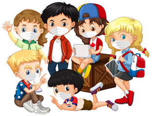 School kids cartoon wearing mask