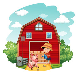 Farm scene with boy and pig on the farm