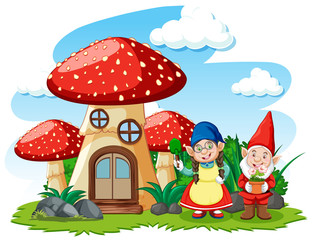 Gnomes and mushroom house cartoon style on white background