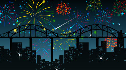 Cityscape with celebration fireworks scene