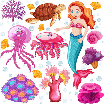Set of sea animals and mermaid cartoon character