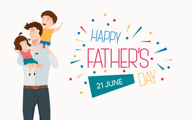Happy fathers day card. Dad holding children character
