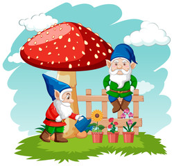 Gnome watering plants in the garden on white background