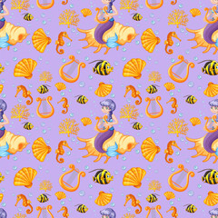 Naklejka premium Seamless mermaid and sea animal cartoon style on purple background