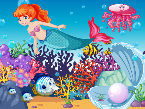 Set of sea animals and mermaid cartoon character on sea background