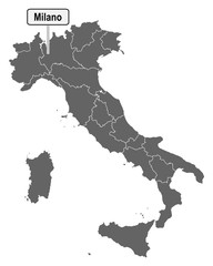 Landkarte von Italien mit Ortsschild von Milano