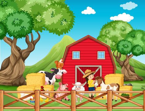 Farm scene with girl and animals on the farm