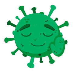 Green coronavirus. Stop panic. Сovid-19. Funny cartoon character with emotion. Glad, smile. Vector illustration isolated on a white background.