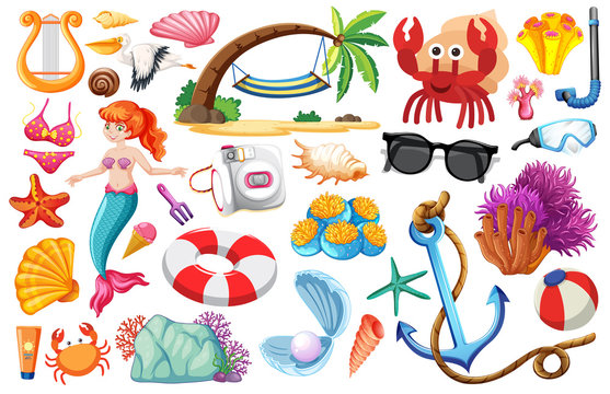 Set of mermaid and summer icon cartoon character on white background