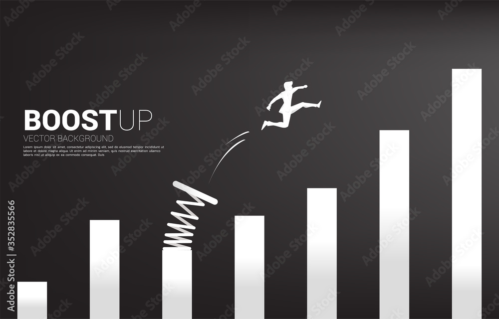 Wall mural silhouette of businessman jump to higher column of graph with springboard. concept of boost and grow