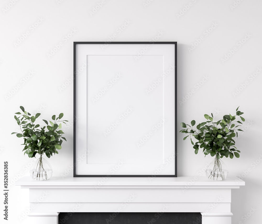 Wall mural frame mockup with plants standing on fireplace, white living room interior, 3d render