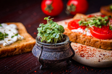 Close up of small jar with basil microgreen sprouts and sandwich with cream cheese, tomatos, microgreens and spices on cutting board. Healthy eating, diet vegan food background. Focus on sprouts.