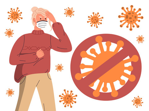 Young Blonde Woman Wearing Face Medical Mask Aggressively Looking At Huge Crossed Out Sign With Virus. Stop World Epidemy Concept. Cartoon Character In Flat Style At White Background, Flying Virus