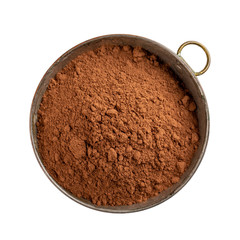 Cocoa powder in a copper bowl isolated on white. Top view.