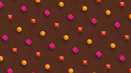 Pink, yellow, orange geometric shapes. Brown background. Abstract illustration, 3d render.