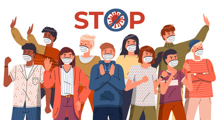 Crowd of multinational people in face medical masks protesting against world epidemic. Group of characters gesturing stop signs to spreading virus. Concept of covid19. Stop gesture, crossed out sign