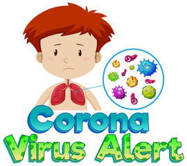 Font design for coronavirus alert with sick boy