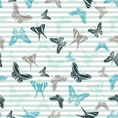 Flying butterfly silhouettes over striped background vector seamless pattern.