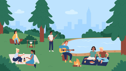 People in summer outdoor city park activity vector illustration. Cartoon flat woman man friends or couple have fun on picnic together, active characters fishing or eating food in nature background