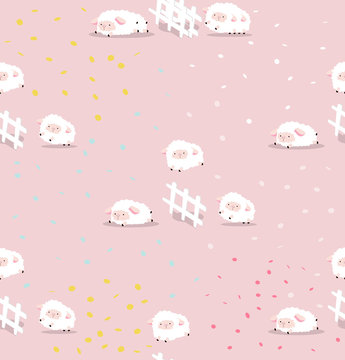 Cute sheeps jumping with the fence seamless pattern