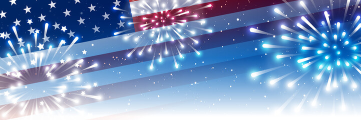 Independence day horizontal panoramic banner with American flag and fireworks on night starry sky background - 352838126