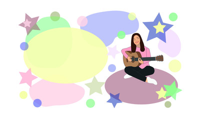 Girl playing the guitar. Shapes, stars and circles are around