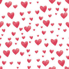 Seamless pattern with hand-drawn red hearts
