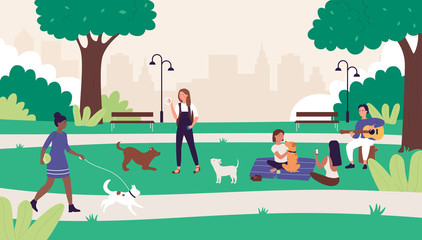 People in summer outdoor city park vector illustration. Cartoon happy flat woman man friends have fun on picnic, active character walking or playing with pet dog, summertime leisure weekend background