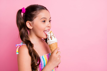 Profile photo of beautiful little lady two cute long tails hold big cone ice cream delicious...