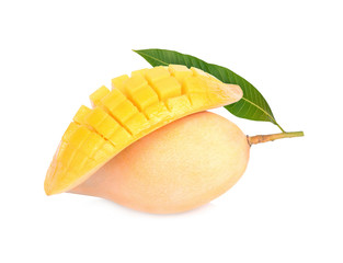 Naklejka na ściany i meble King of fruits, yellow Mango fruit, and mango half isolated on white background