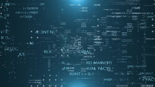 Blocks of abstract program code are written and moved to virtual space. The camera flies through a computer code.
