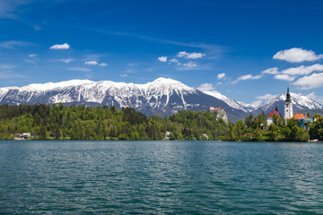 Island with church on lake in Bled city, Slovenia, Triglav National Park