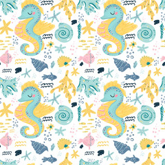 Vector seamless pattern with sea fauna. Background with starfish, sea horse, jellyfish, fish, crab, shell, nautilus. Abstract decorative cute illustration. Graphic design elements for print