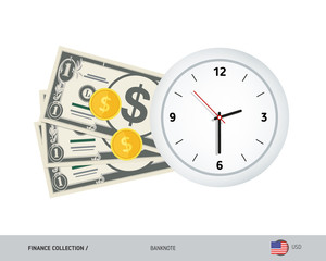 Clock and 1 US Dollar Banknotes. Flat style vector illustration. Time and Business concept.