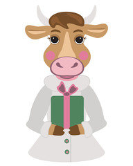 Vector illustration pretty cow with gift box. Concept for new year 2021. Ox or bull is a symbol of Chinese new year for 2021. Female cow with gift. Cute cartoon style for design.
