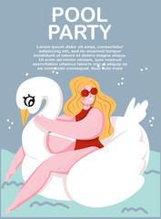 Pool party advertising web page concept. Beautiful girl in floating on inflatable swan ring. Summer landing page template. Vector