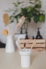 wooden toothbrush in the bathroom