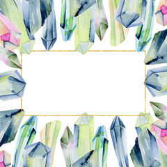Golden frame of watercolor gemstones, crystals in green colors on a white background, for invitation or greeting card design