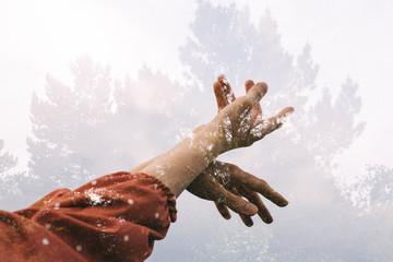 Effect of multiple exposure of female hands and the forest. Background. Psychology, harmony of man and nature concept.