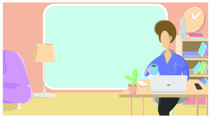 A man sits at a computer and drinks coffee or tea. Illustration flat design.