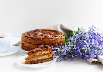 Homemade honey cake decorated with caramel on a light background. Home baking concept.