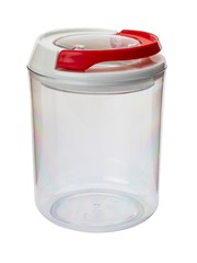 white plastic kitchen bowl with red lid