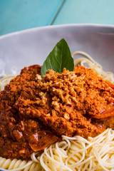 crab fat pasta with fried garlic also known as aligue pasta in the Philippines