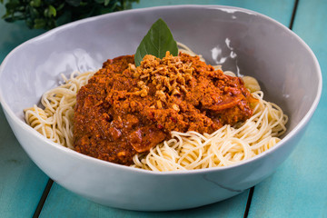 crab fat pasta with fried garlic also known as aligue pasta in the Philippines