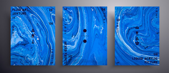 Abstract acrylic banner, fluid art vector texture set. Artistic background that applicable for design cover, poster, brochure and etc. Blue and white universal trendy painting backdrop