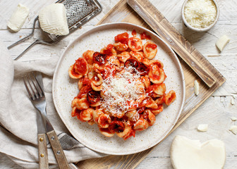South italian  pasta orecchiette with tomato sauce and cacioricotta cheese