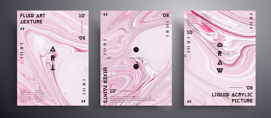 Abstract acrylic placard, fluid art vector texture pack. Trendy background that can be used for design cover, invitation, flyer and etc. Pink, gray and white unusual creative surface template
